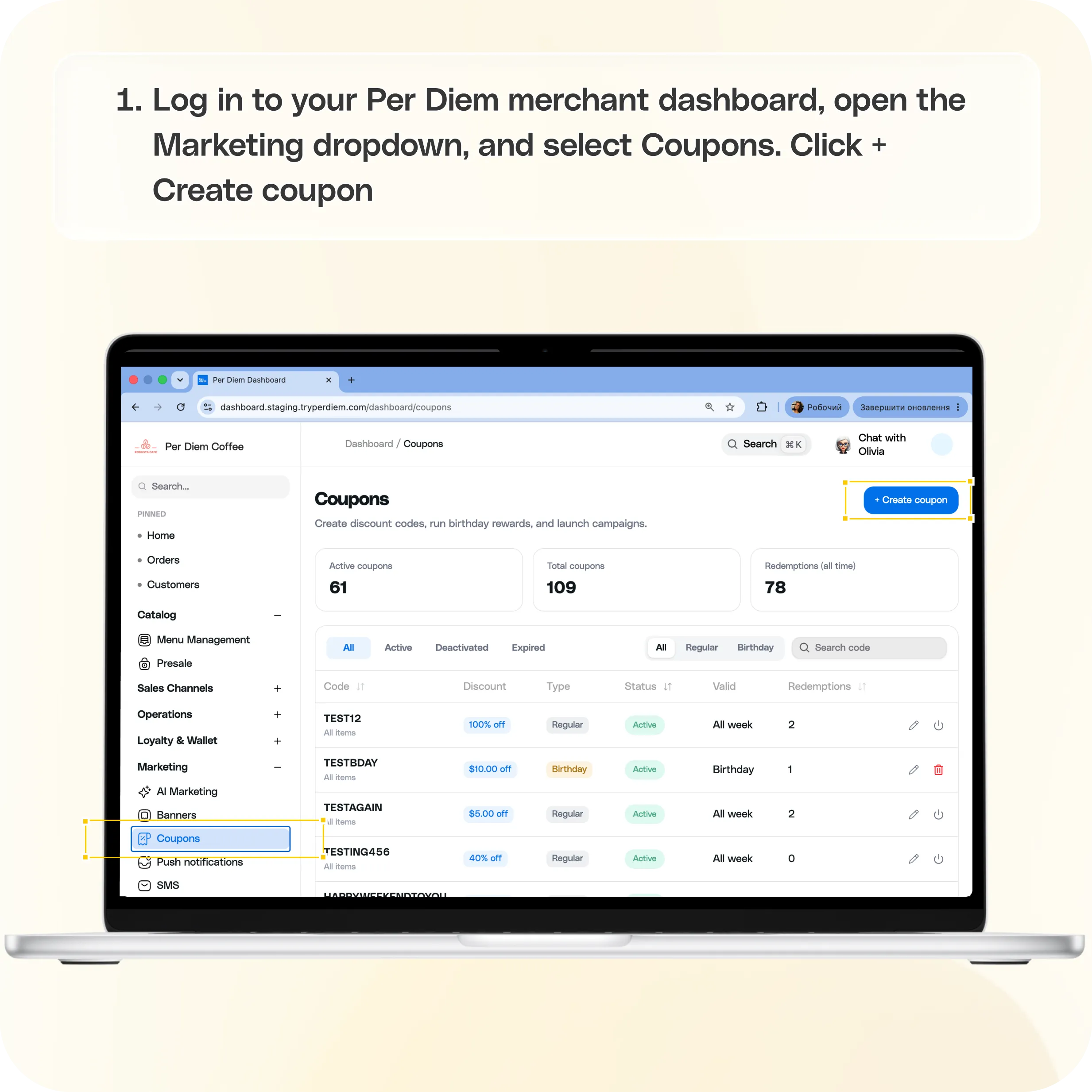 Create and offer coupons with Per Diem — screenshot 1 of 3