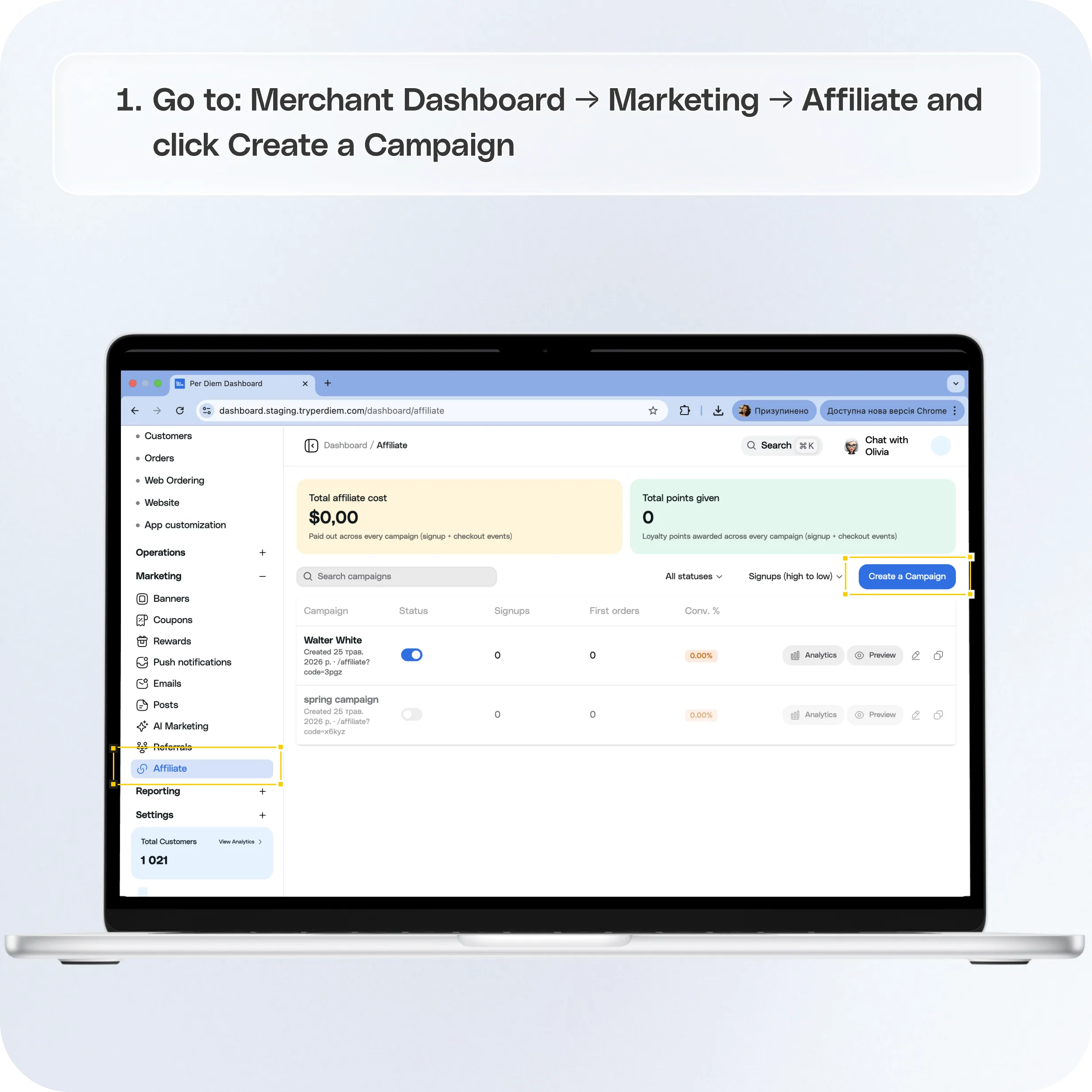 How to Create Affiliate Marketing Campaigns in Per Diem — screenshot 1 of 5