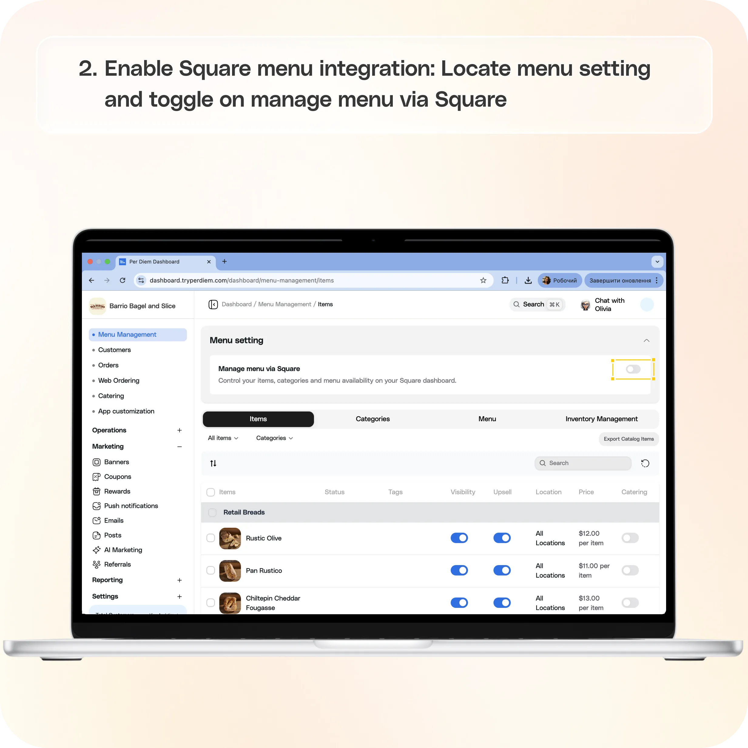 How to Enable Square Menu Integration in Per Diem — screenshot 2 of 2