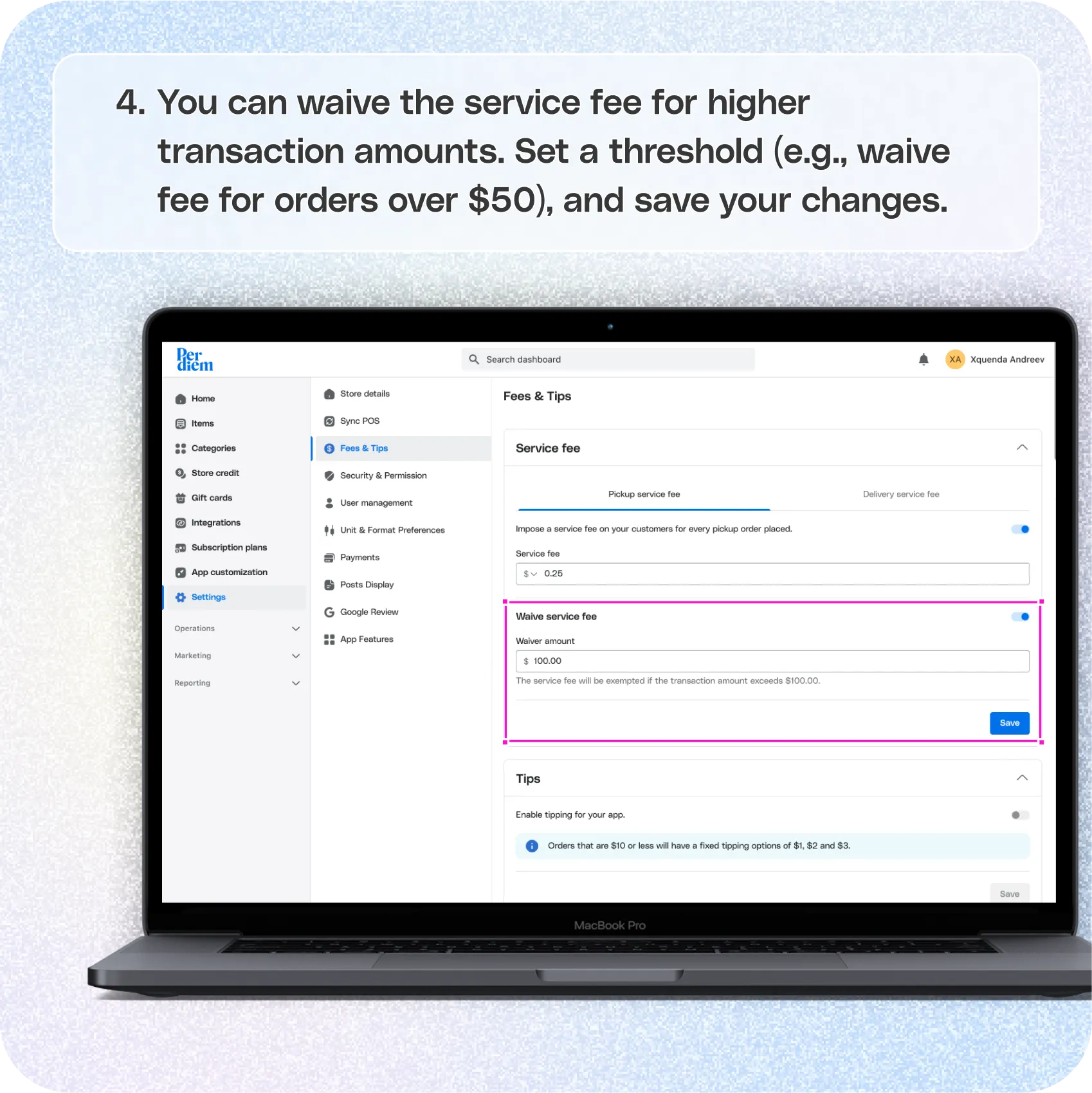 How to set up a service fee per order — screenshot 4 of 4