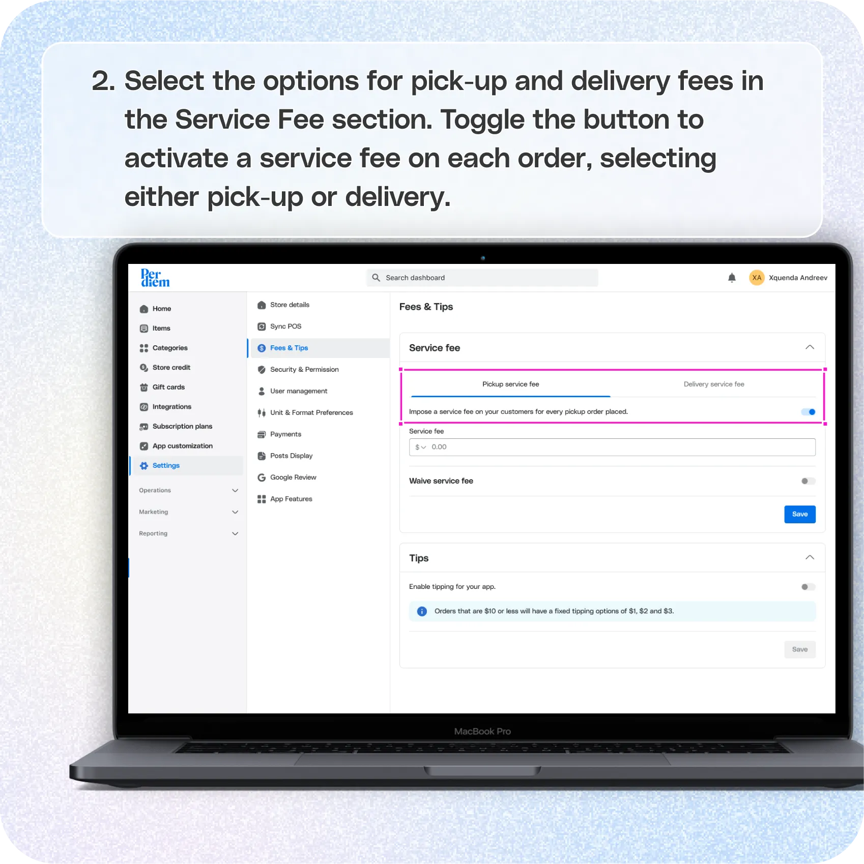 How to set up a service fee per order — screenshot 2 of 4