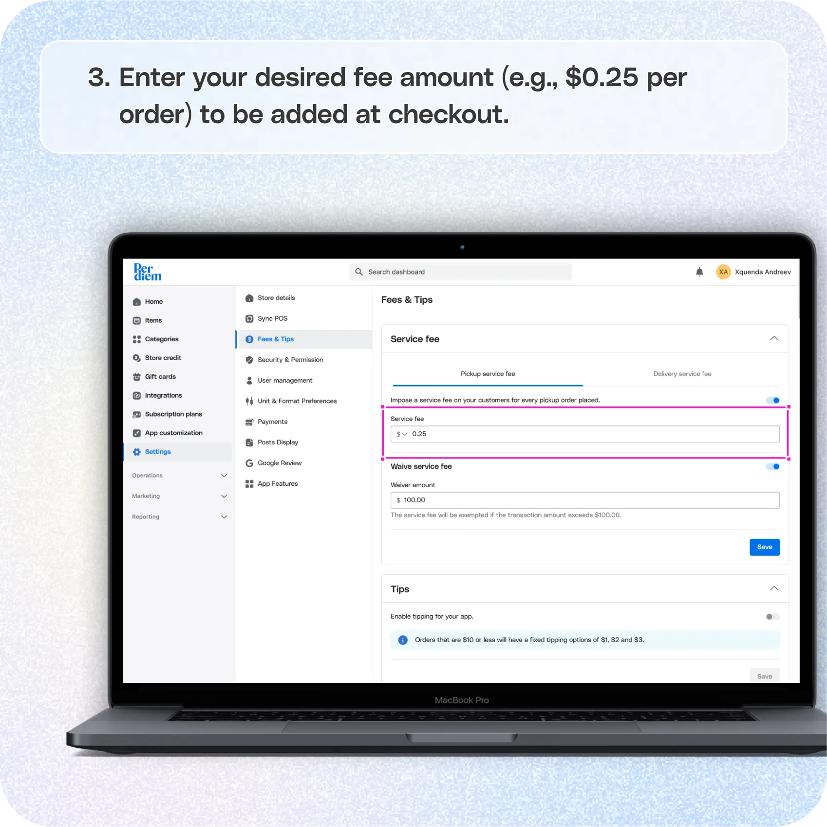 How to set up a service fee per order — screenshot 3 of 4