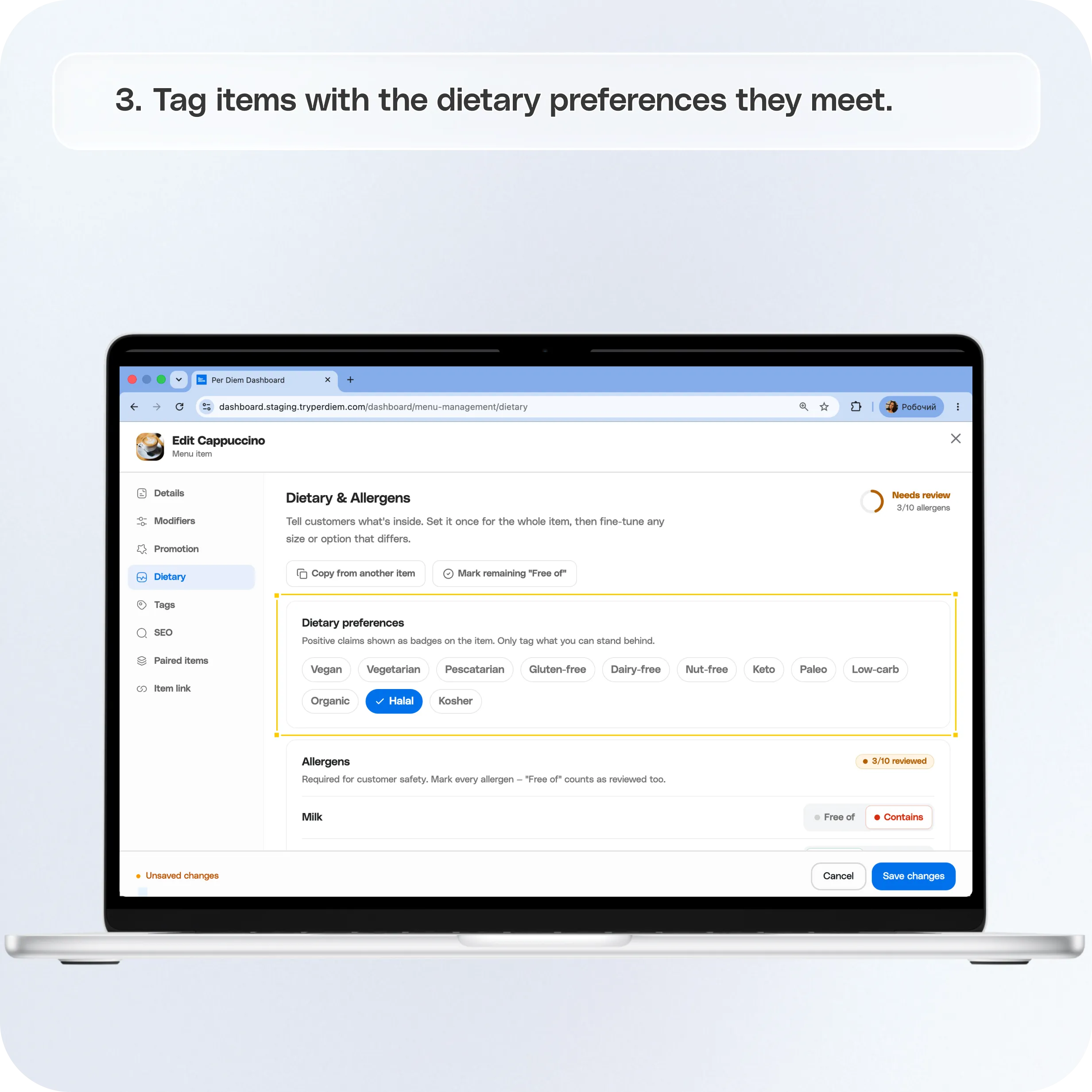 How to Set Up Dietary Profiles, Allergens, and Nutrition Information — screenshot 3 of 6