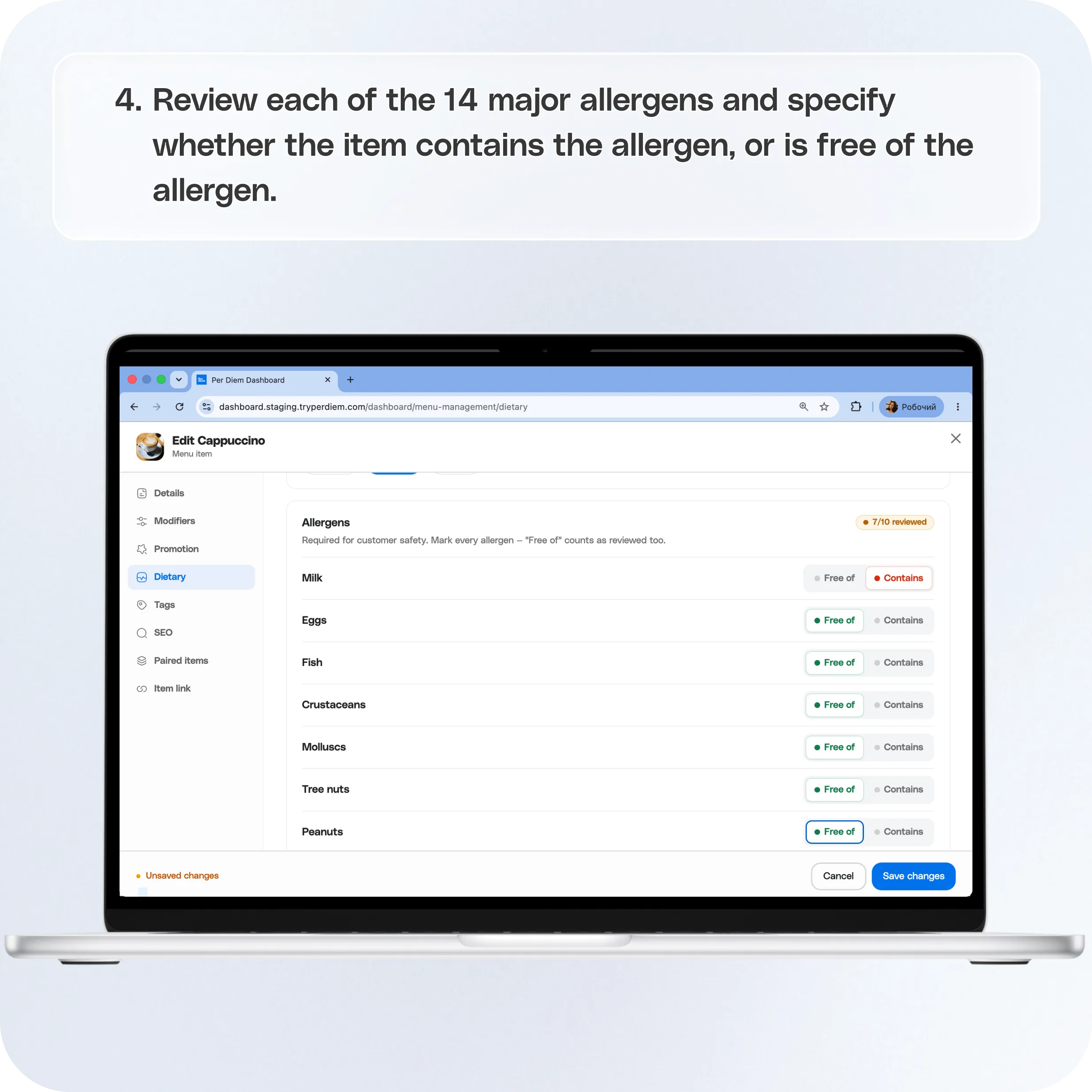 How to Set Up Dietary Profiles, Allergens, and Nutrition Information — screenshot 4 of 6
