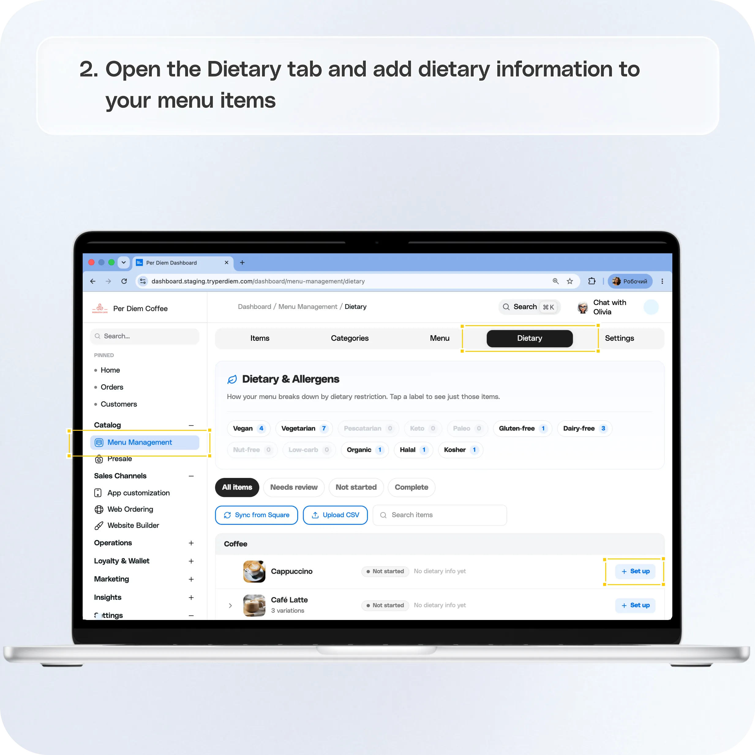 How to Set Up Dietary Profiles, Allergens, and Nutrition Information — screenshot 2 of 6
