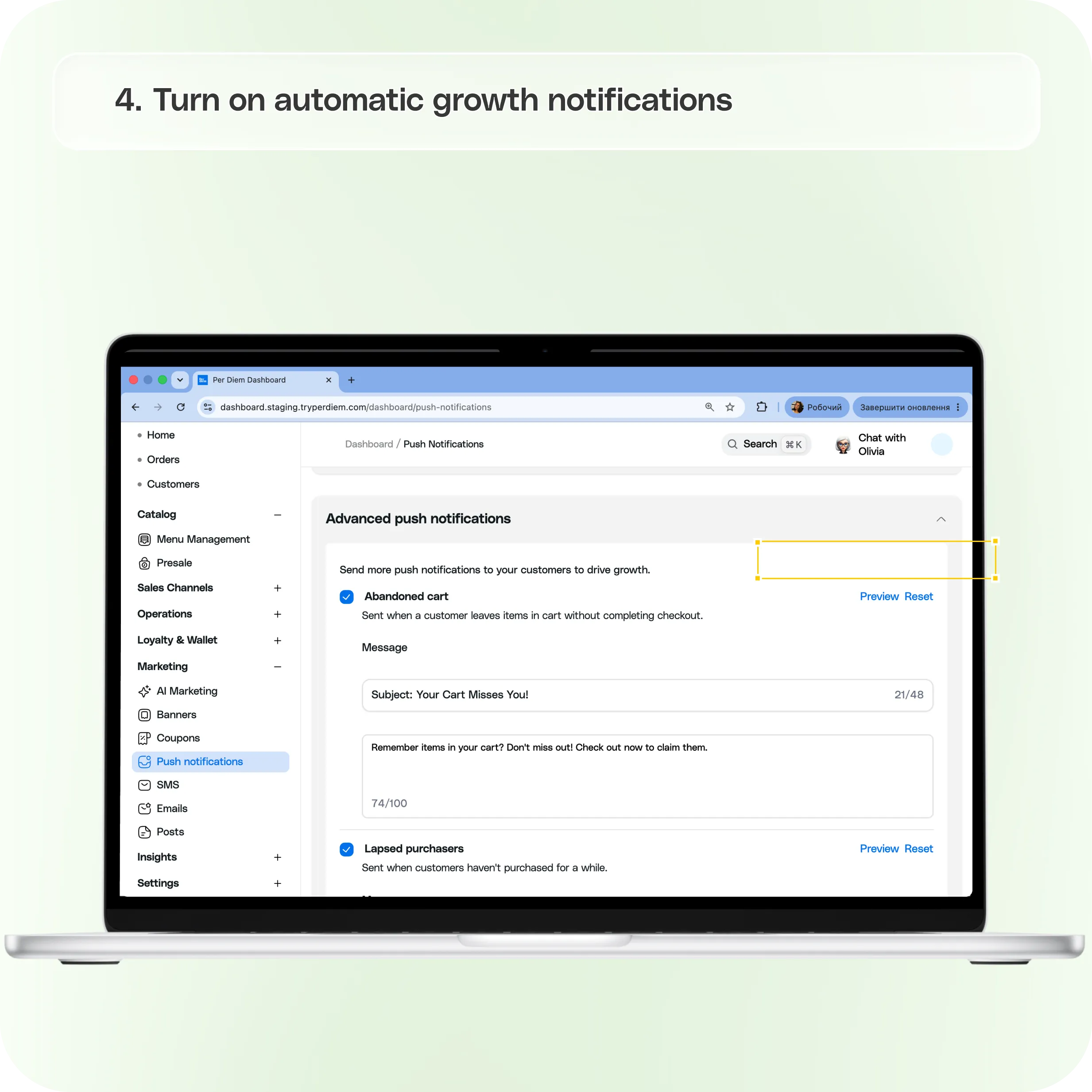 Push notifications in Per Diem: Setup & automation guide — screenshot 4 of 4