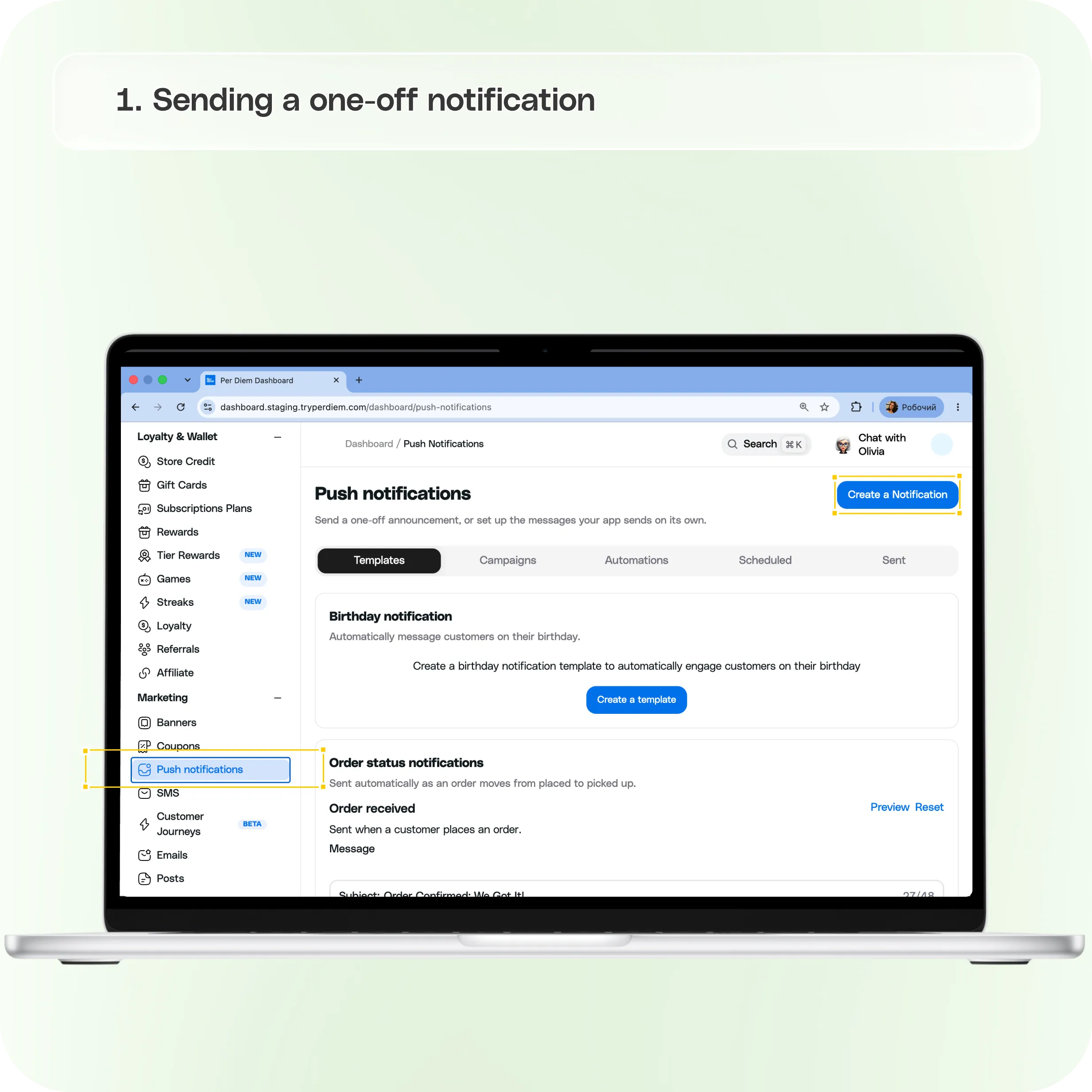 Push notifications in Per Diem: Setup & automation guide  — screenshot 1 of 4