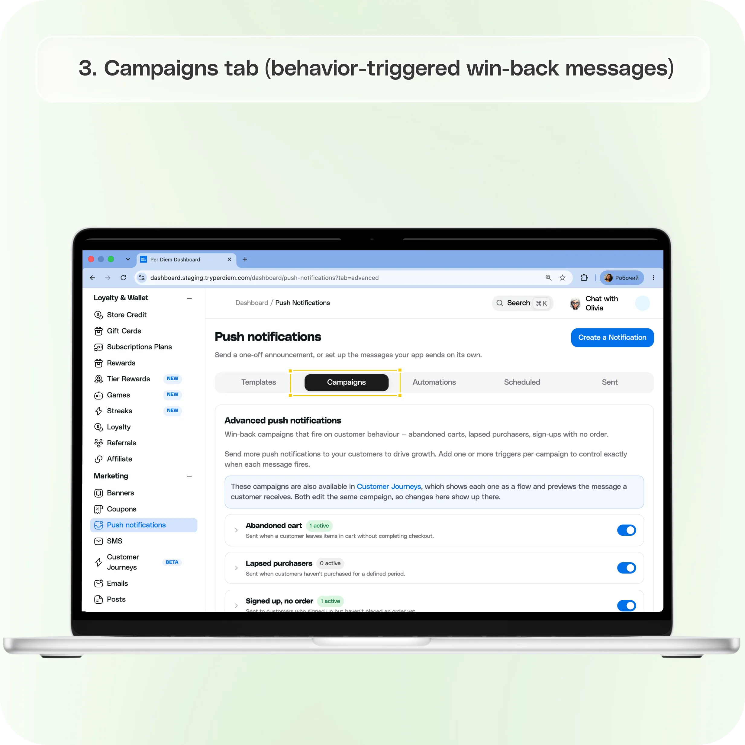 Push notifications in Per Diem: Setup & automation guide  — screenshot 3 of 4