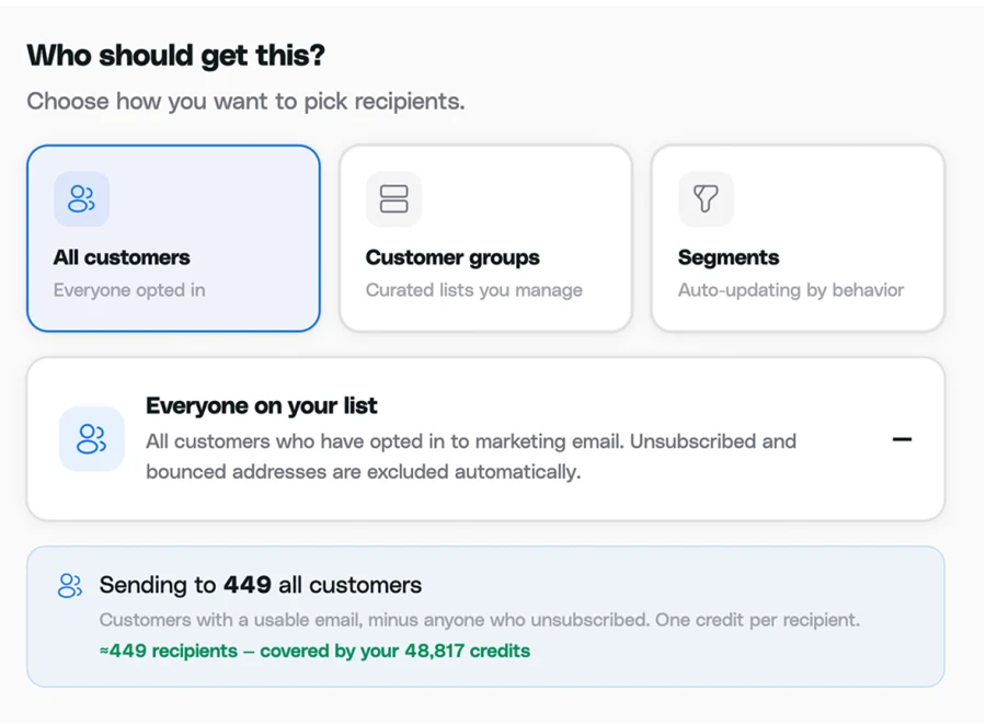 Choose recipients: all customers, customer groups or behavior-based segments, sending to 449 customers
