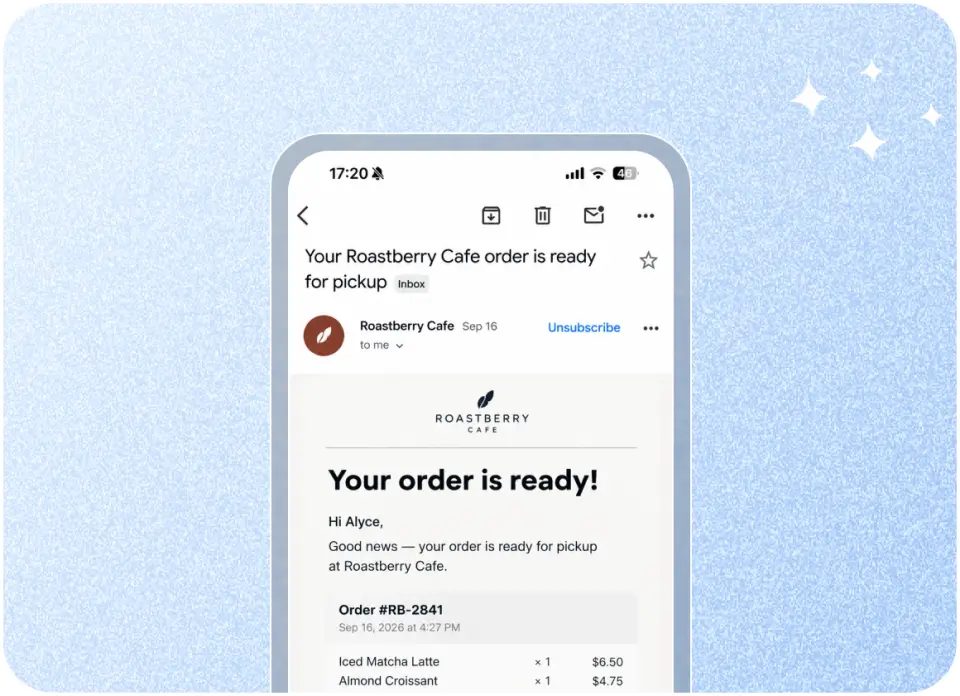 Automated "Your order is ready" pickup email from Roastberry Cafe on a phone