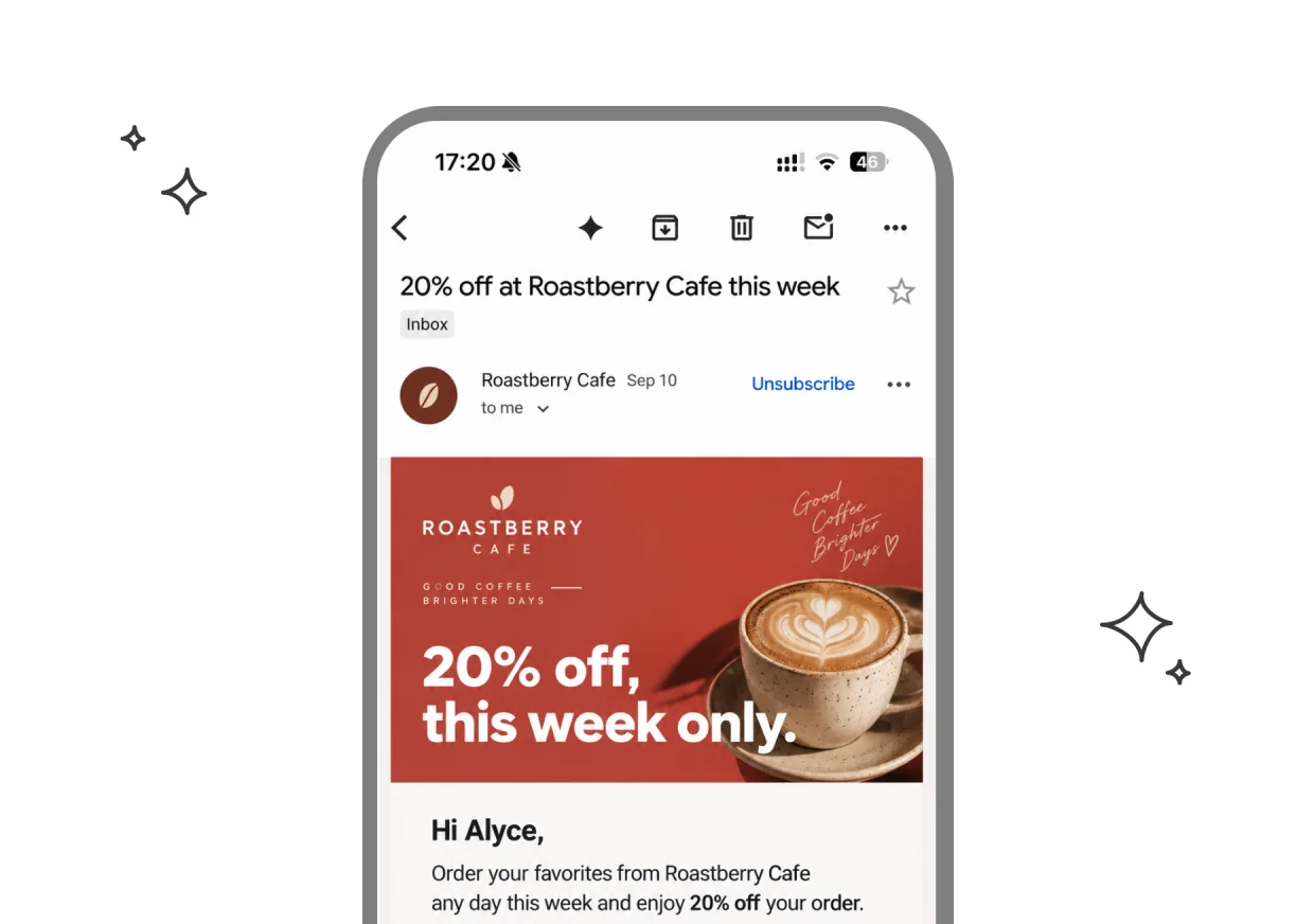 Roastberry Cafe “20% off, this week only” email open on a phone