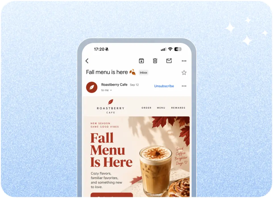 Roastberry Cafe "Fall menu is here" email campaign open on a phone