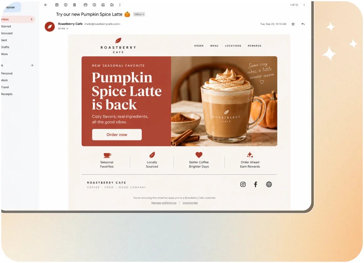 Pumpkin Spice Latte promotional email from Roastberry Cafe in an inbox