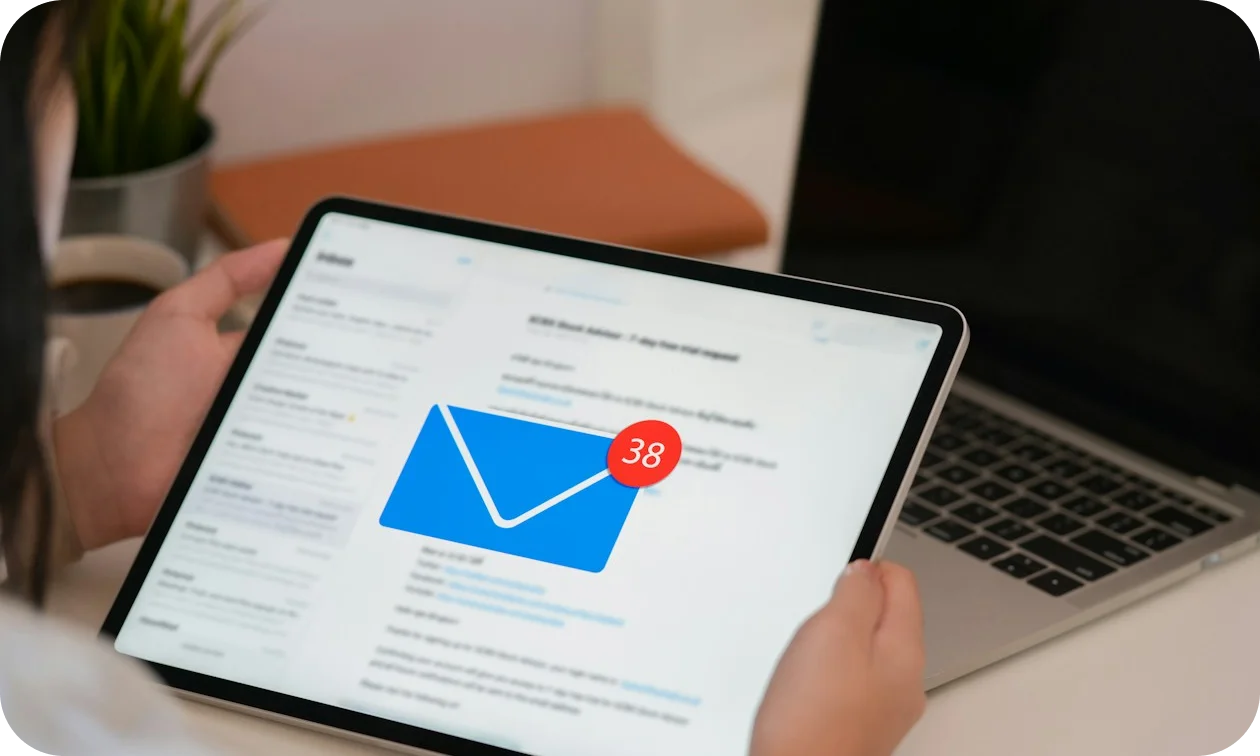 Person holding a tablet showing an inbox with 38 unread emails