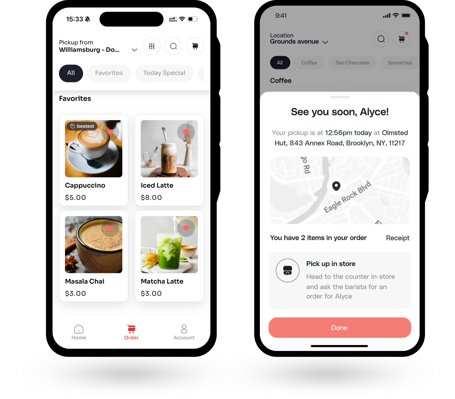 Mobile app screens showing a coffee order menu with categories and items, and a confirmation screen with pickup details and a map.