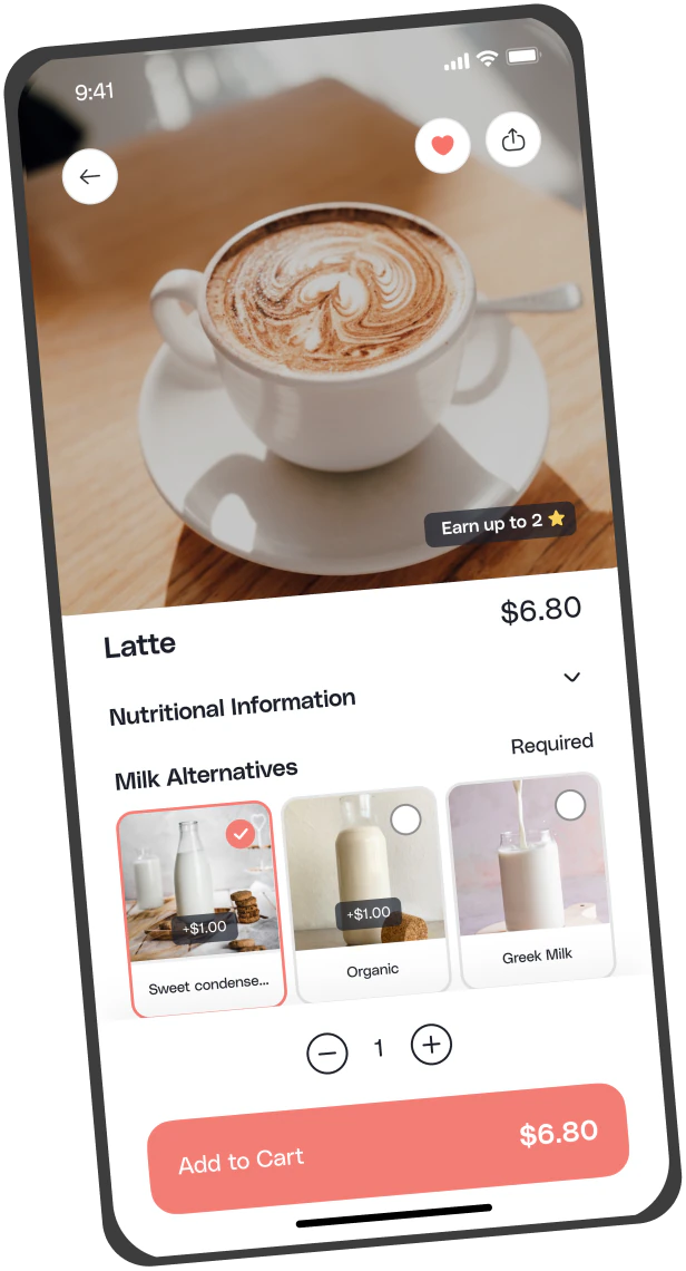 Mobile app screen showing a coffee shop menu with categories and items