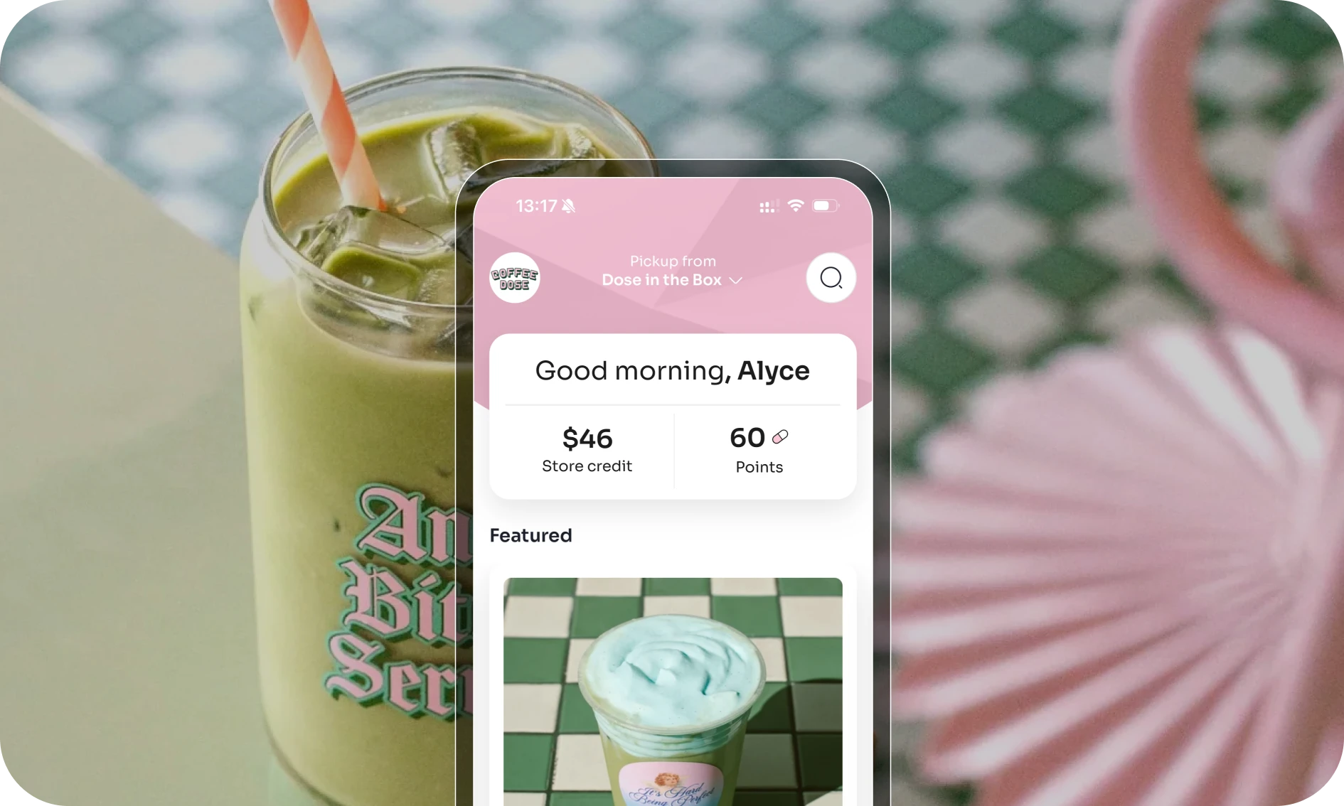 Coffee Dose iced matcha alongside the branded app