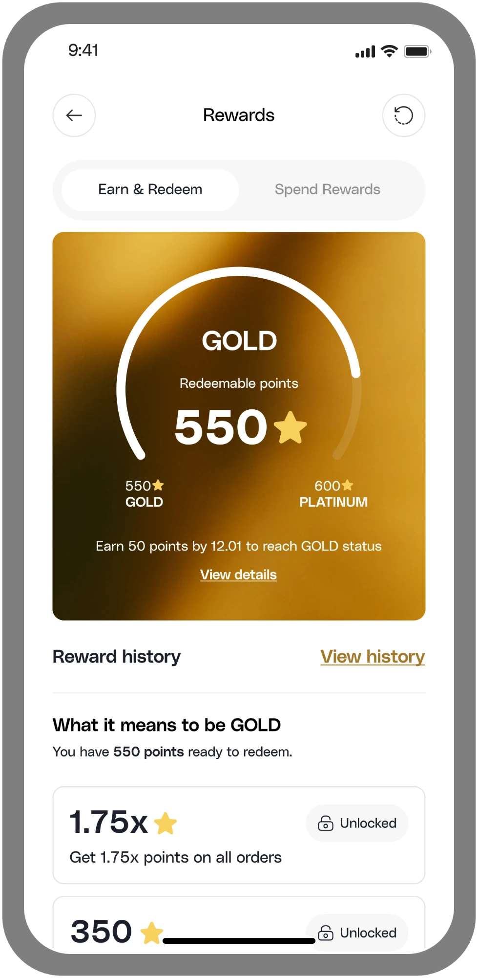 Gold rewards tier in a Per Diem mobile app
