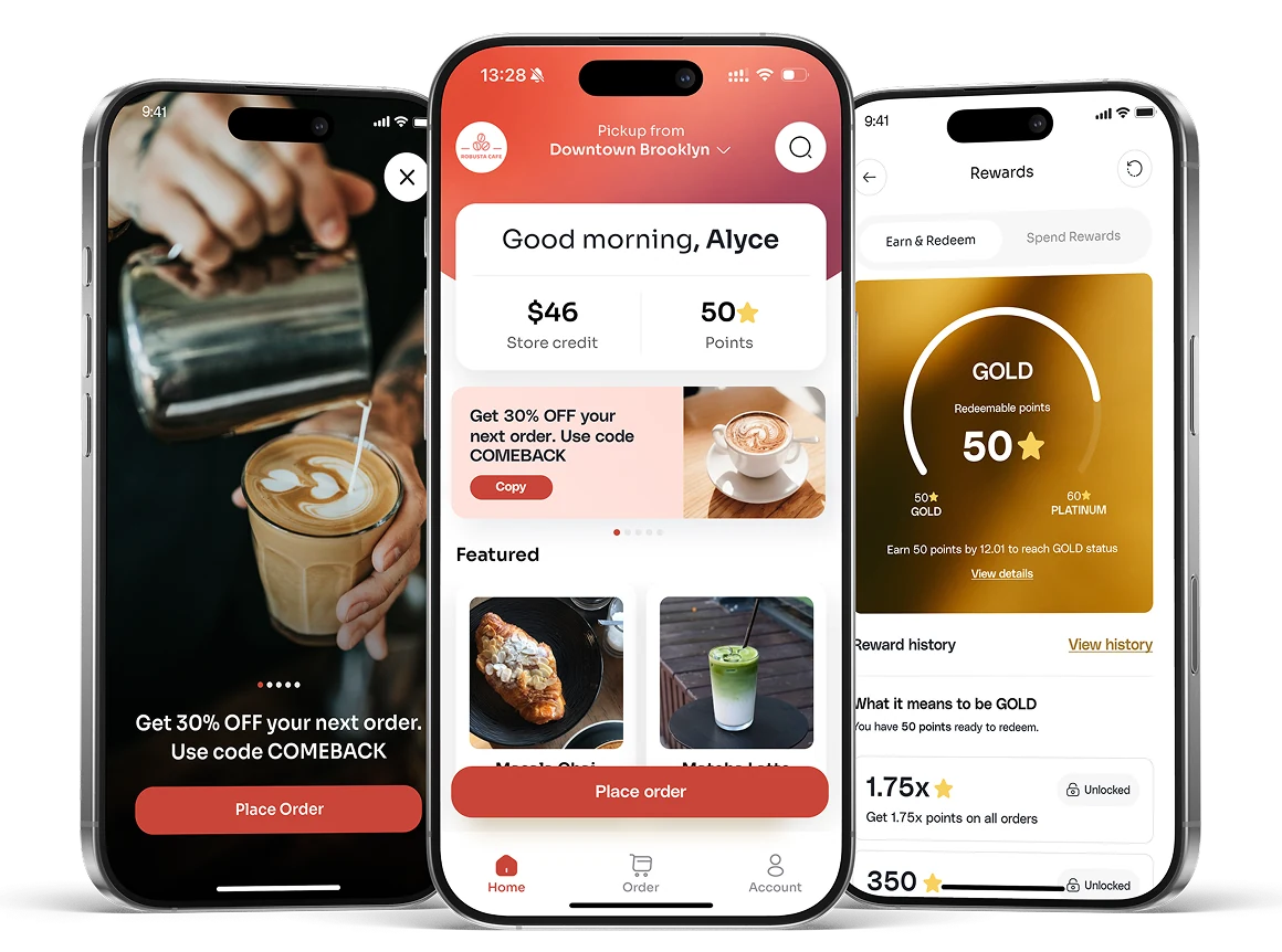 Per Diem branded ordering app showing the home screen, a promo and GOLD tier rewards