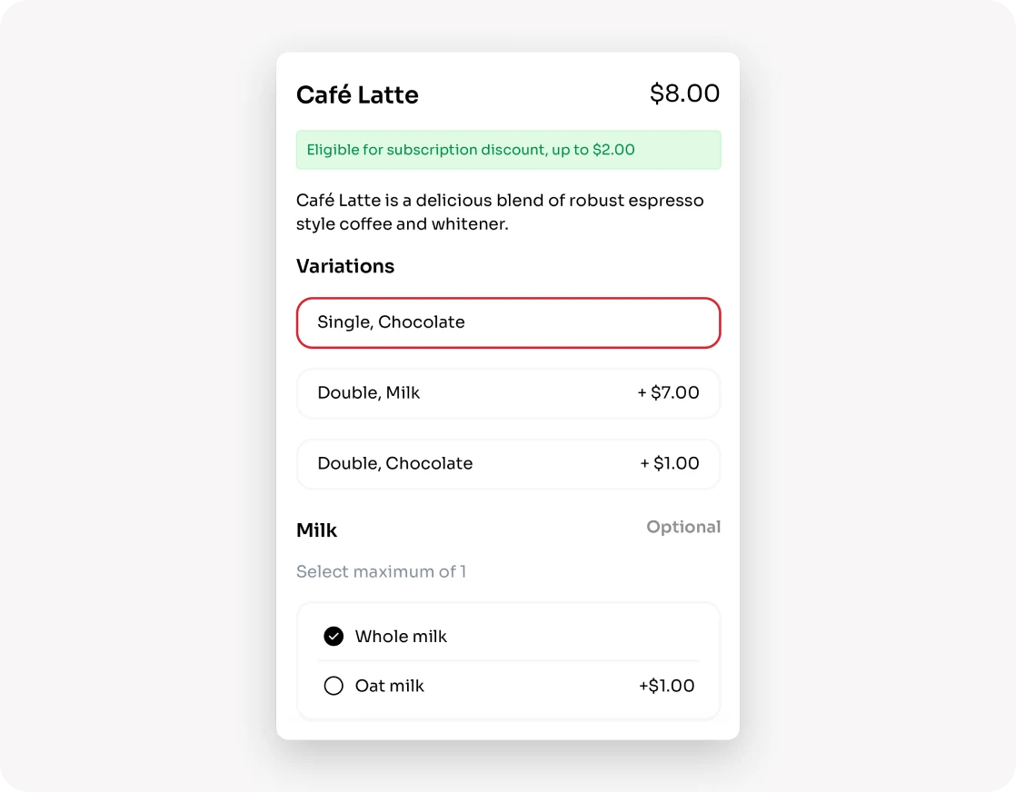 Café Latte item sheet with variations, milk options and a subscription discount