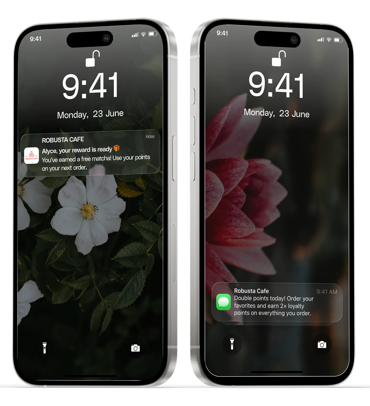Lock screens showing a Per Diem push notification and an SMS from Robusta Cafe