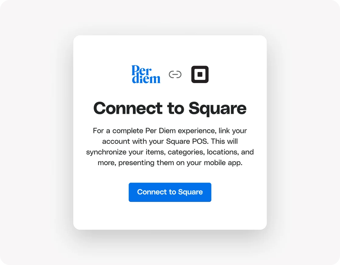 Connect to Square screen linking a Per Diem account with Square POS