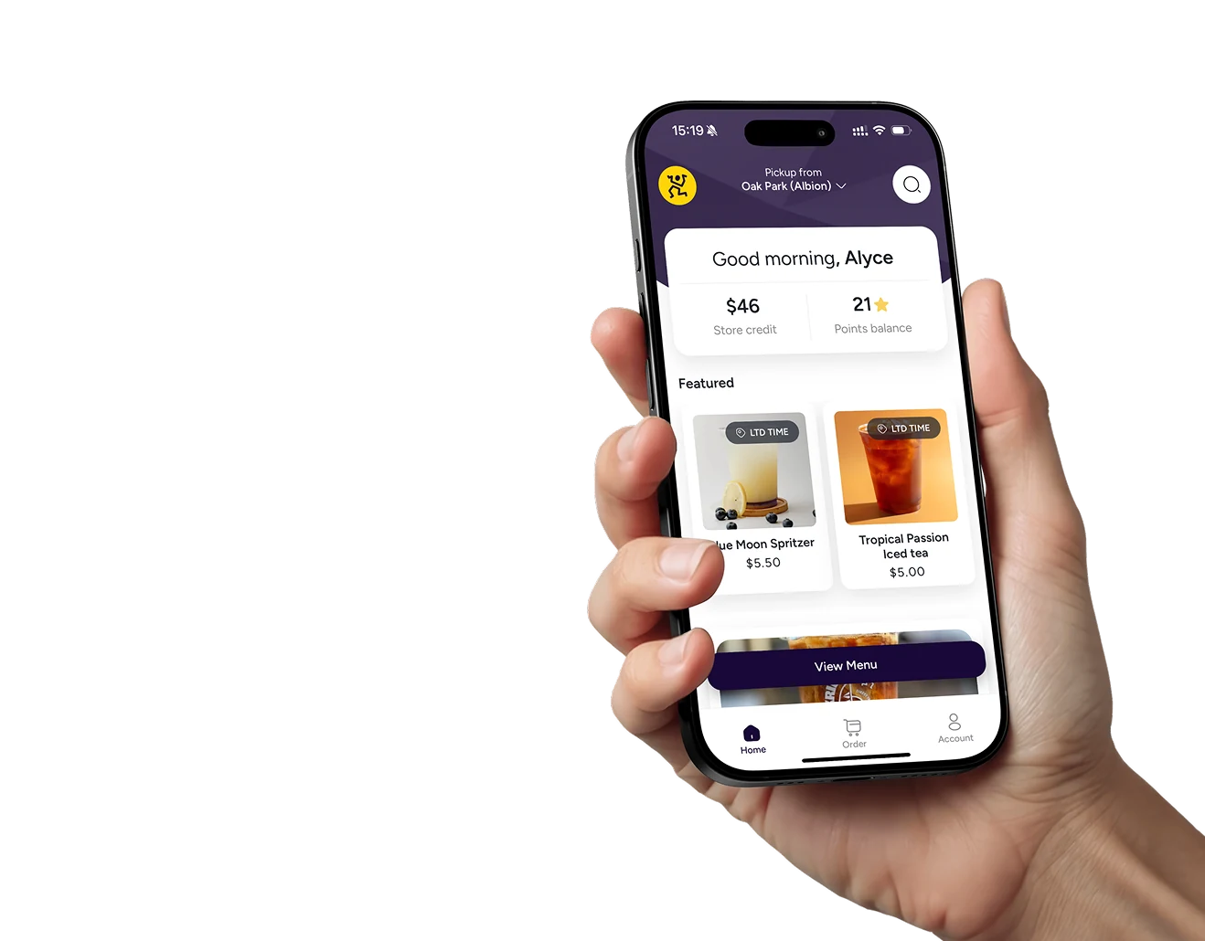 Kribi Coffee Roasters branded ordering app in hand