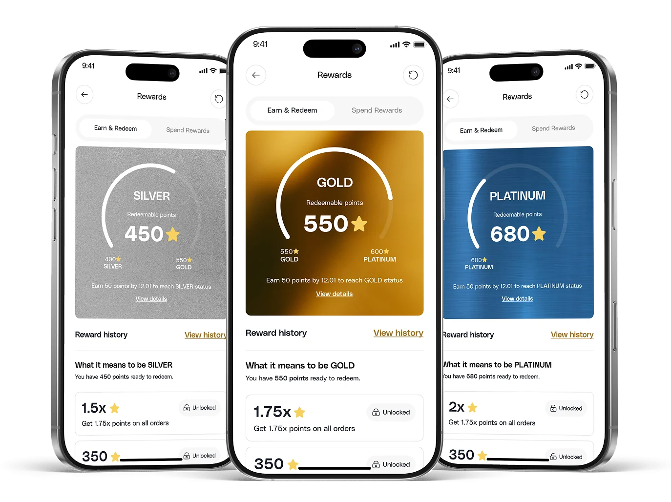 Rewards screens for Silver, Gold and Platinum loyalty tiers