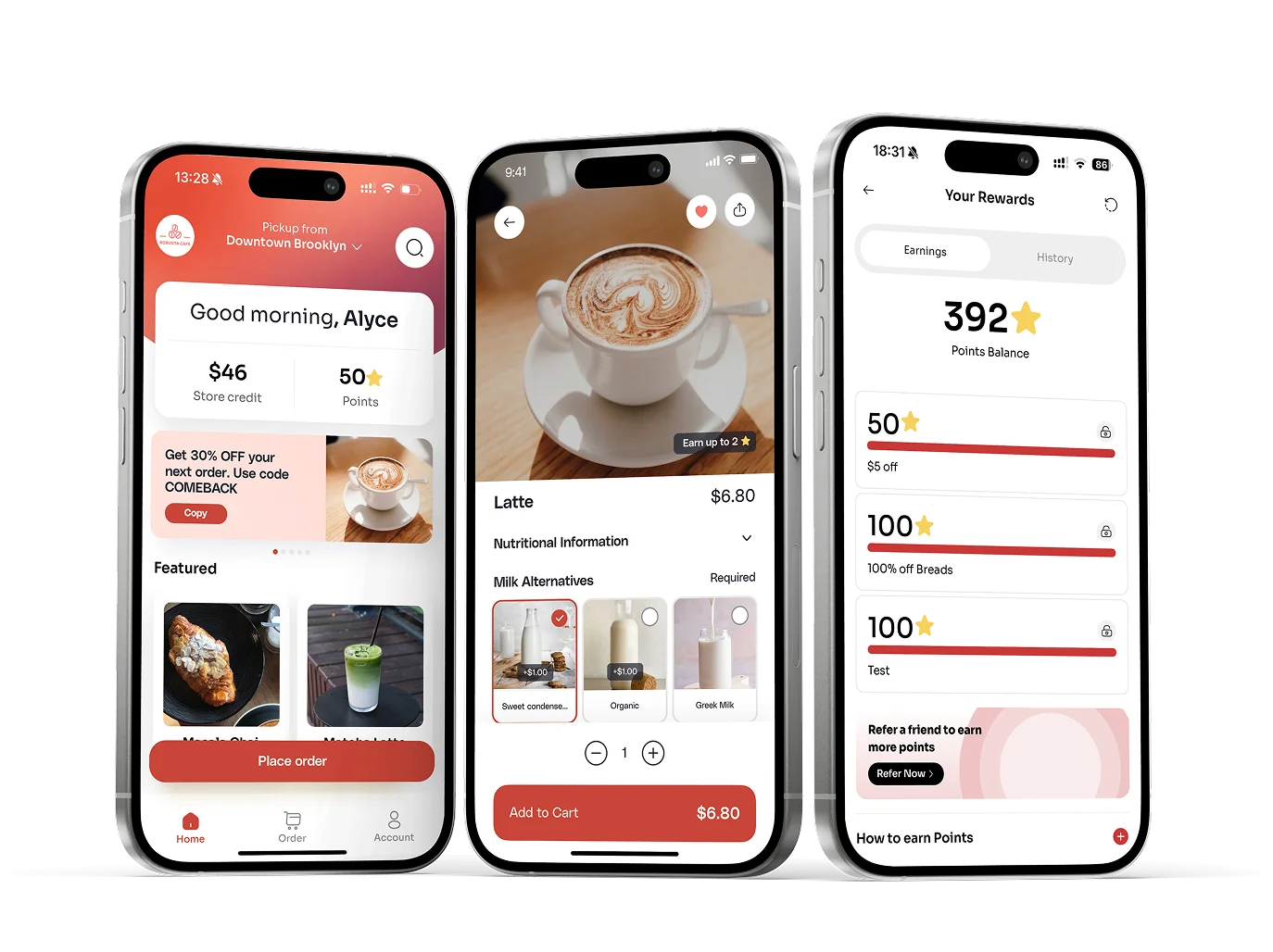 Per Diem branded app: home screen, a latte with milk options, and a rewards balance
