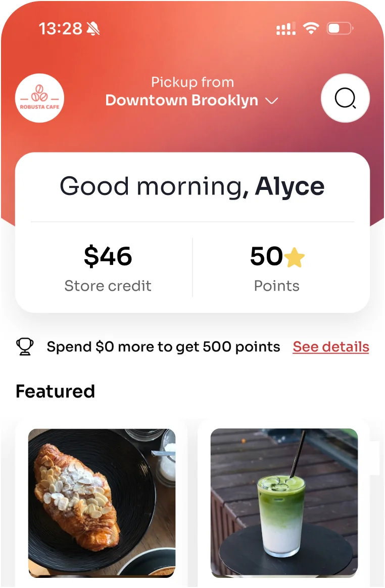 Per Diem branded app home screen with store credit, points and featured items