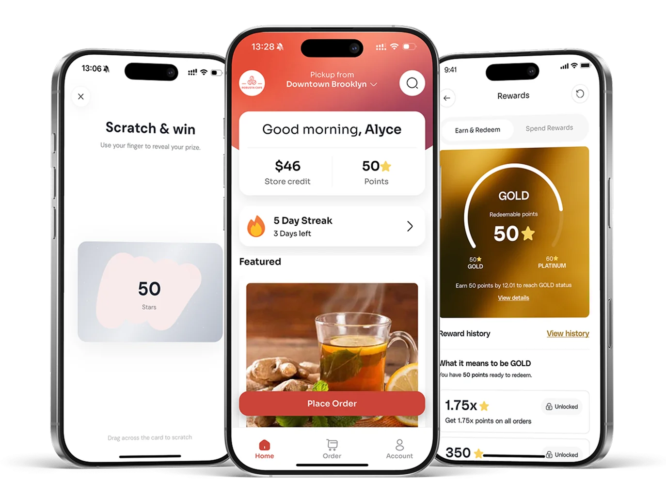 Per Diem branded app: scratch and win game, home screen with a streak, and GOLD tier rewards