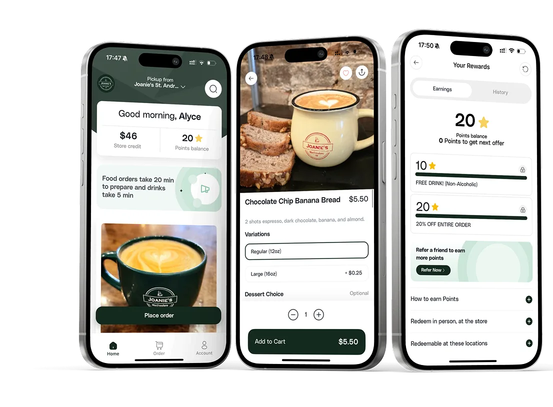 Joanie's branded ordering app: home screen, item details and rewards