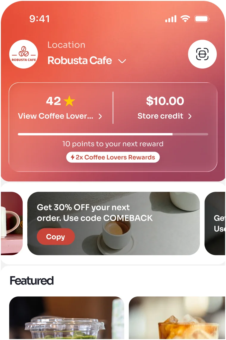 Robusta Cafe branded app home screen with points, store credit and a COMEBACK offer