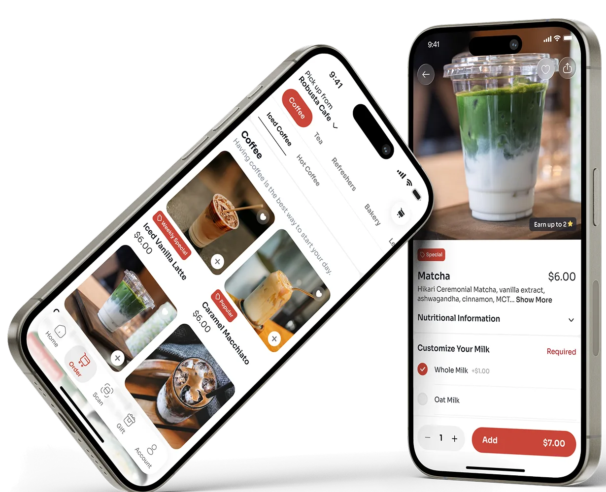 Branded ordering app menu and a matcha item with required milk choice
