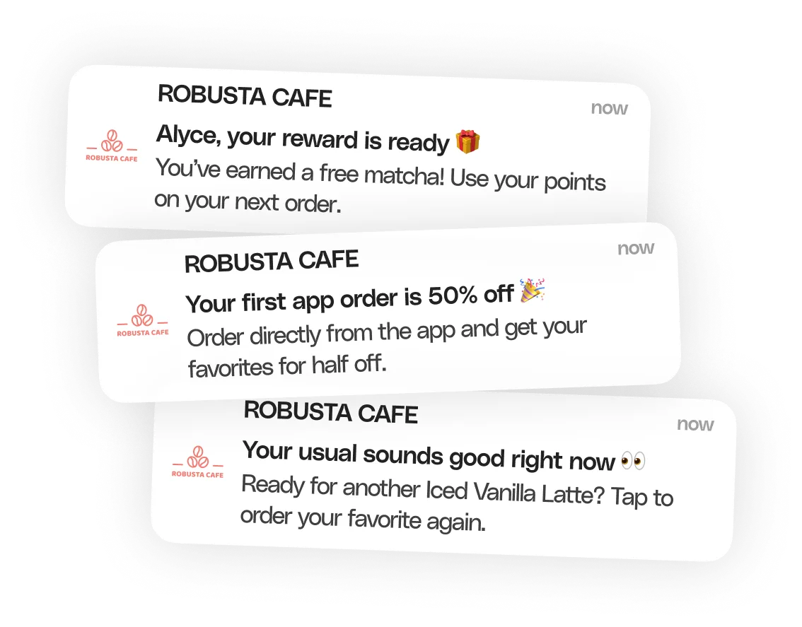 Robusta Cafe push notifications for a ready reward, a first app order offer and a reorder reminder