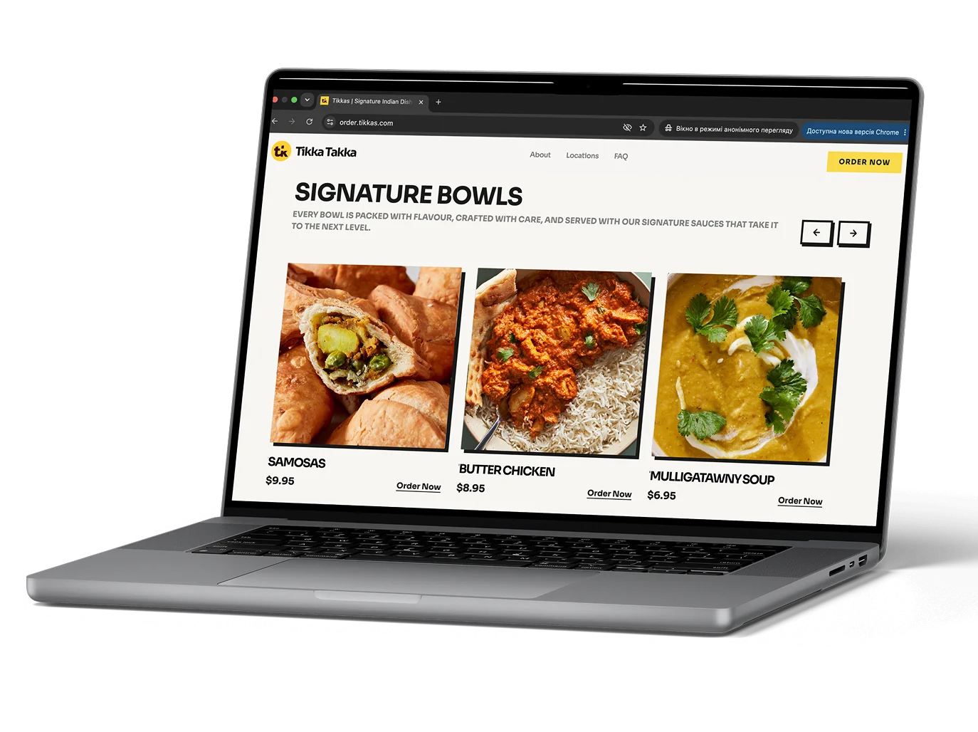 Tikka Takka restaurant website built with Per Diem on a laptop