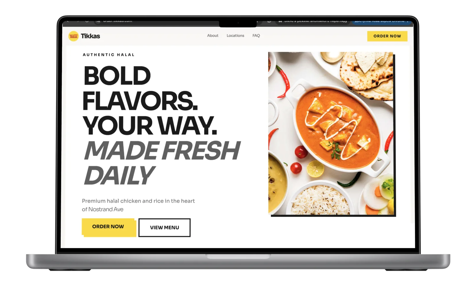 Tikkas restaurant website built with Per Diem on a laptop
