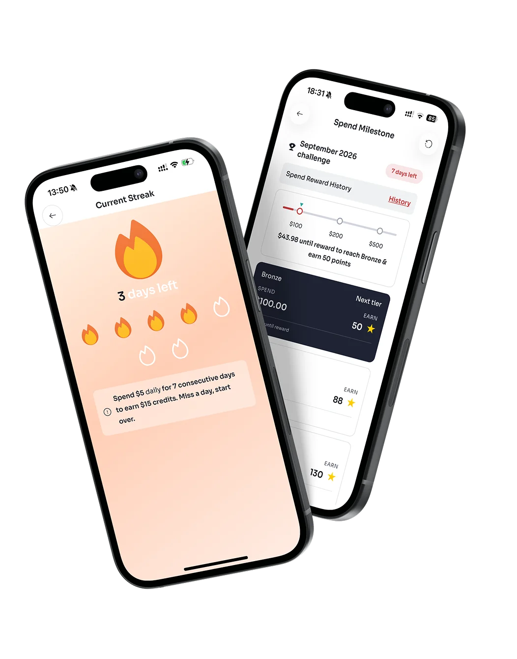 Current streak and spend milestone challenge screens in a branded Per Diem app