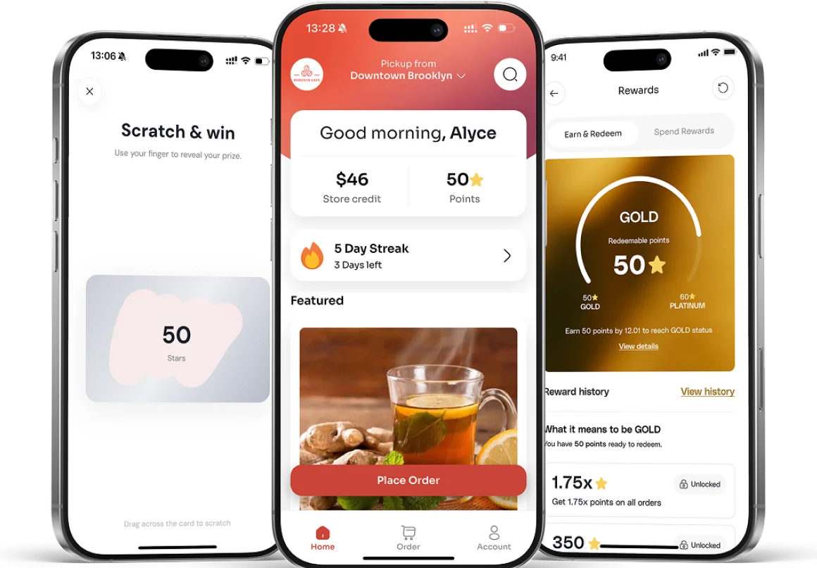 Per Diem branded app: scratch and win game, home screen with a streak, and GOLD tier rewards