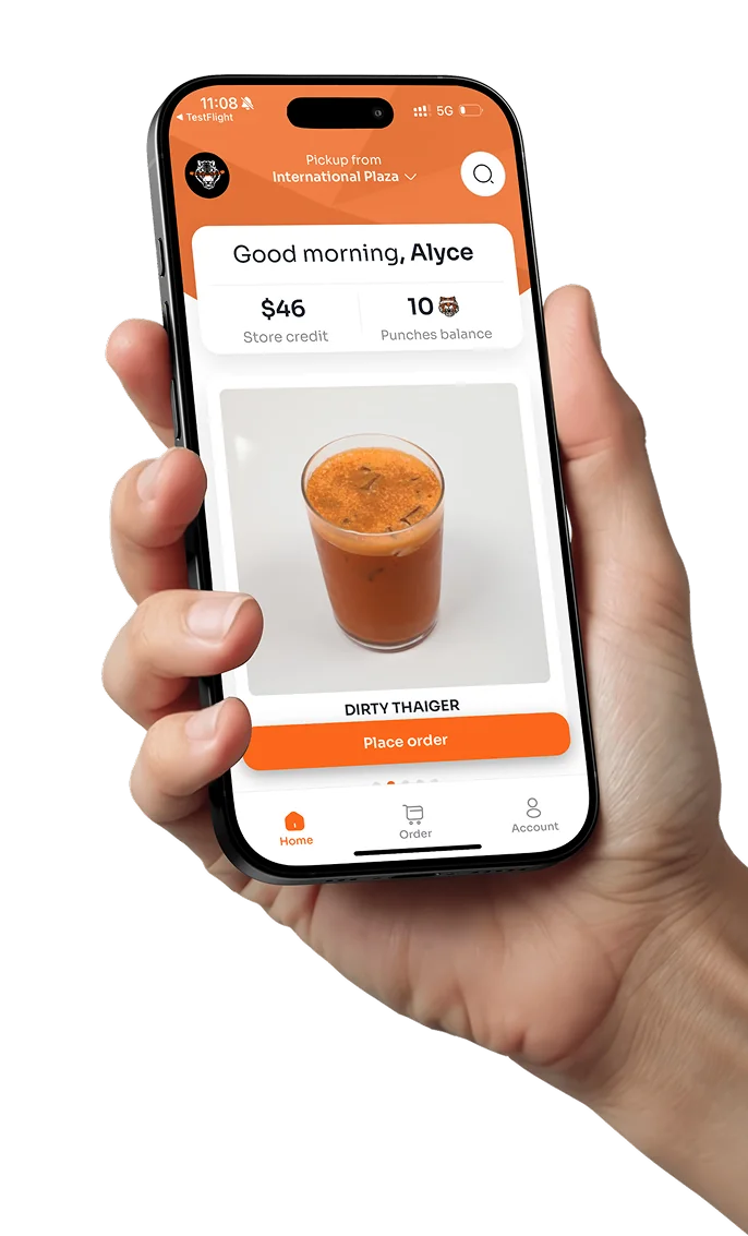 Blind Tiger Coffee Roasters branded ordering app in hand
