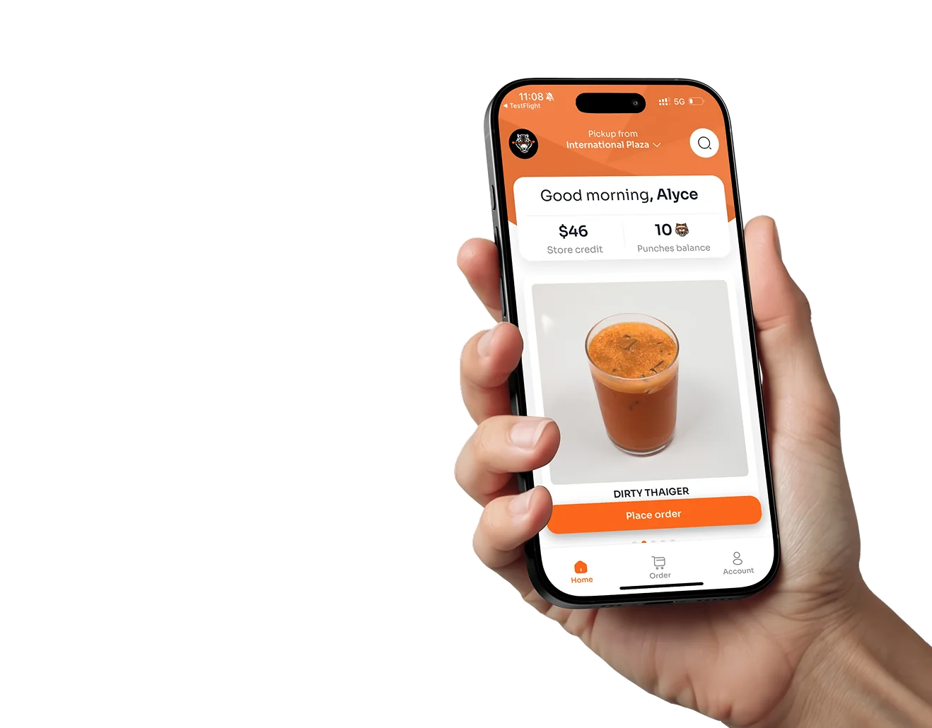 Blind Tiger Coffee Roasters branded ordering app in hand