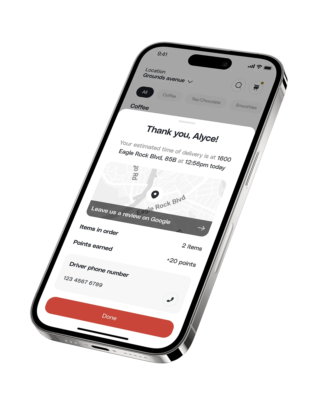 Per Diem delivery order confirmation with live tracking and points earned
