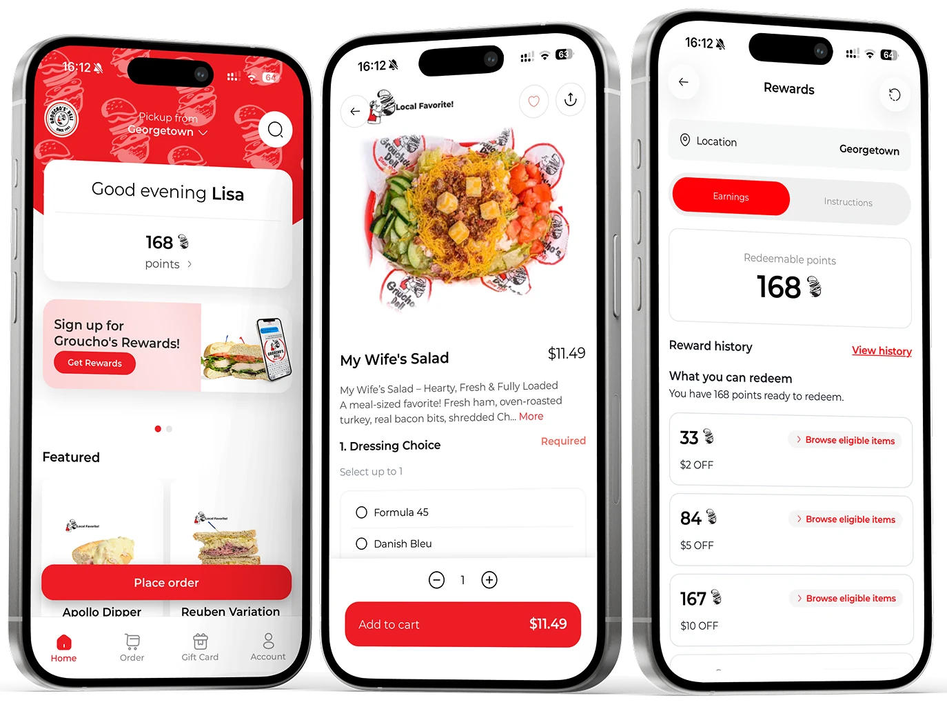 Groucho’s Deli branded app: home screen, menu item and rewards