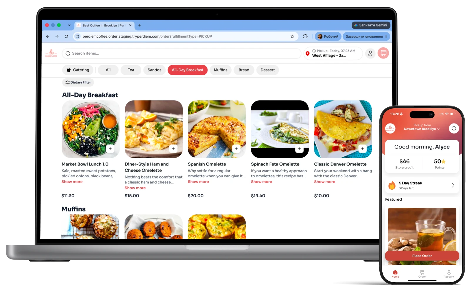 Per Diem web ordering on a laptop beside the branded mobile app
