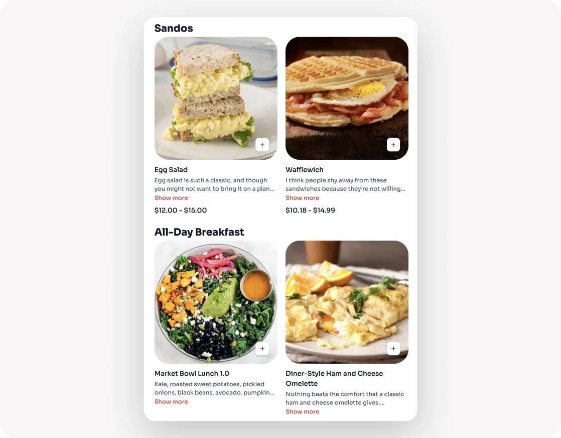 Square menu categories shown in the Per Diem ordering app