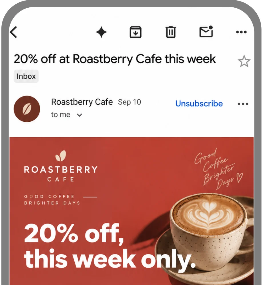 Roastberry Cafe "20% off this week" email open on a phone