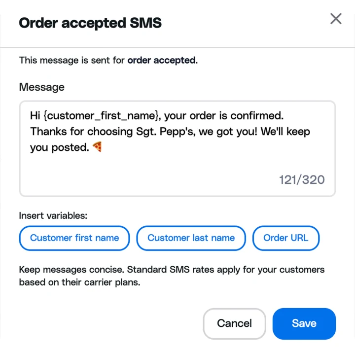 Order accepted SMS editor with a personalised message and customer name, last name and order URL variables
