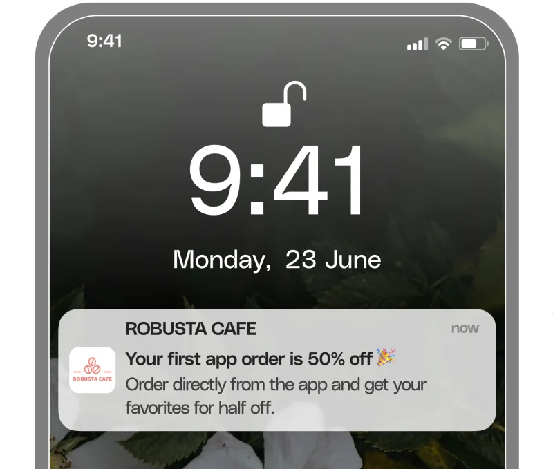 Push notification from Robusta Cafe: Your first app order is 50% off.