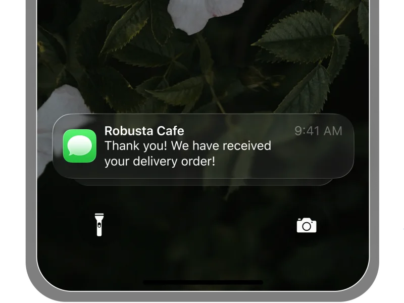 SMS from Robusta Cafe: Thank you! We have received your delivery order!