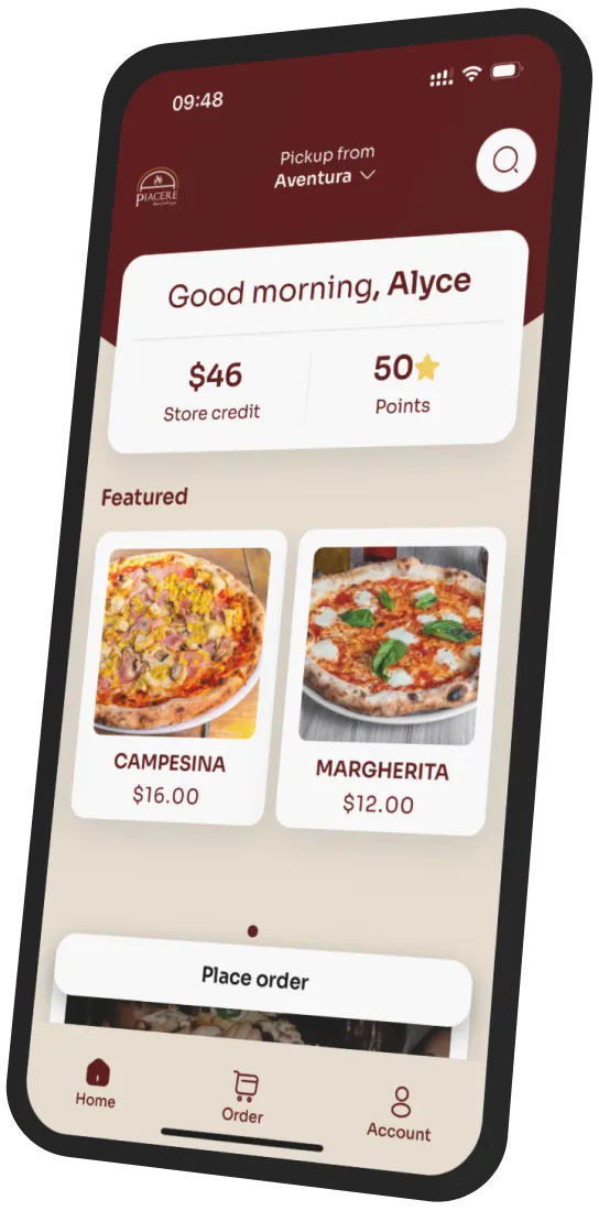 Piacere Wood Fired Pizza app preview